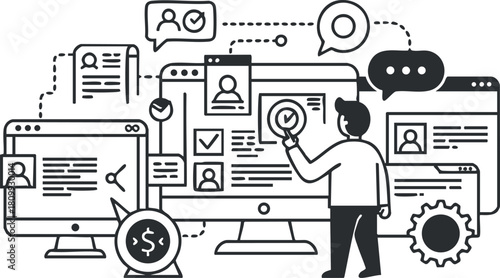 Modern flat vector illustration of a business professional analyzing user data and feedback through multiple digital devices and interfaces