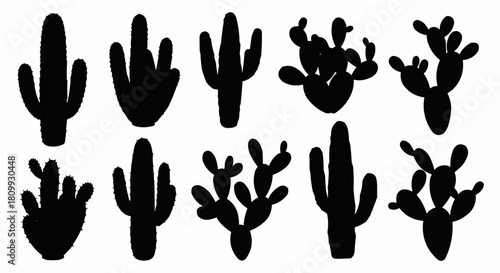 Collection of ten black cactus silhouettes in various shapes.