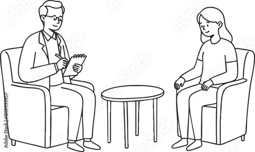 Line art vector illustration depicting a therapy session between a counselor and a client in a comfortable setting