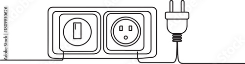 light switches and electric plug one line. Electronic tools. one line Icon drawing with white background