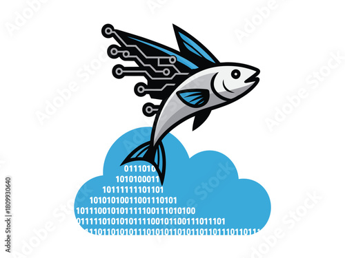 A flying fish with electronic circuit board wings soars above a cloud of binary code.