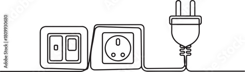 light switches and electric plug one line. Electronic tools. one line Icon drawing with white background