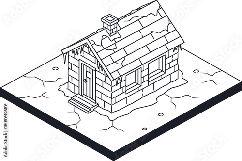 Isometric Stone Cabin or Hut Outline Vector, Abandoned Winter Landscape and Cracked Ground Scene