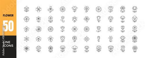 Flower and Flora Line Icons Set. Collection of 50 Thin Outline Vector Symbols: Spring, Summer, Floral, Blossom, Bloom, Nature, Garden, and Botanical Elements. Elegant Decoration.