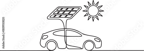 Continuous one line design of solar energy for electric car. one line Icon drawing with white background