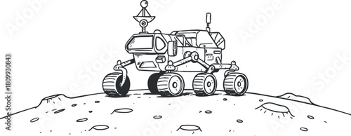 Outline vector illustration of a lunar rover exploring the moon's surface, ideal for space exploration and technology themes