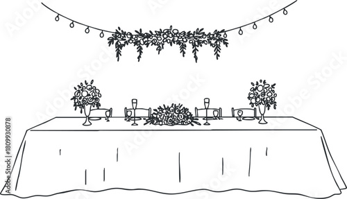 Elegant minimalist vector illustration of a wedding reception table decorated with floral arrangements and string lights.