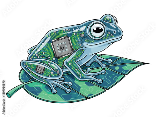 A cybernetic frog with an AI microchip and visible electronic circuitry sits on a leaf.