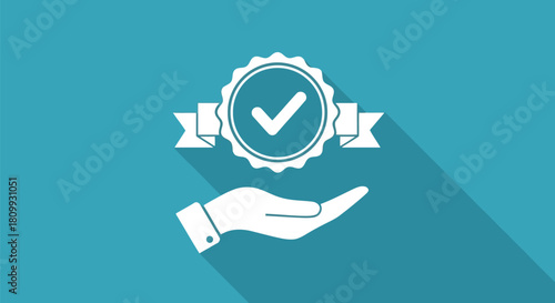 Illustration of hand holding a quality badge on a blue background