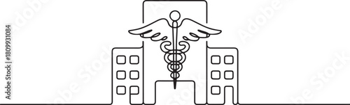 hospital building with caduceus medicine symbol. Modern flat in continuous line style. one line Icon drawing with white background