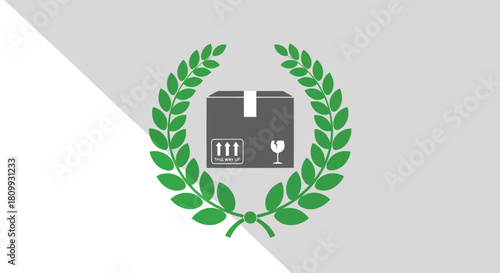 Fragile package with laurel wreath on gray background with diagonal line