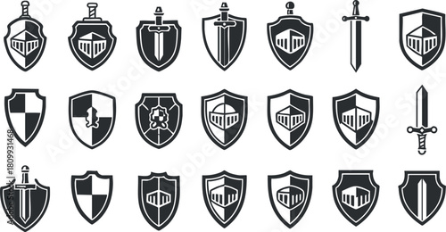 Collection of minimalist shield and sword vector icons in black and white style for gaming and branding projects