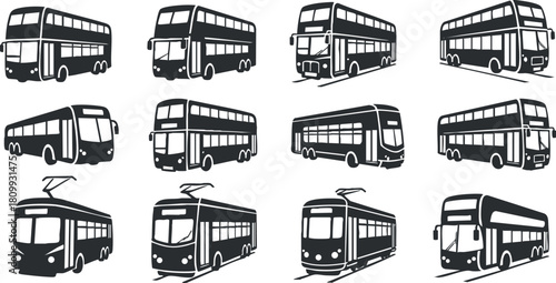 Collection of vector illustrations featuring various bus and tram designs in minimalist black and white style for urban transport concepts