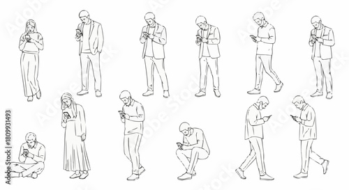 Diverse group of people engrossed in their mobile phones, illustrating modern digital engagement.