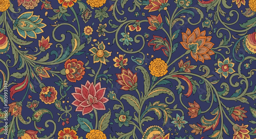 Vibrant Floral Pattern with Intricate Details and Rich Colors.
