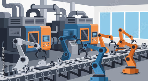 Factory Automation Robotic Arms and Assembly Line in a Modern Manufacturing Process