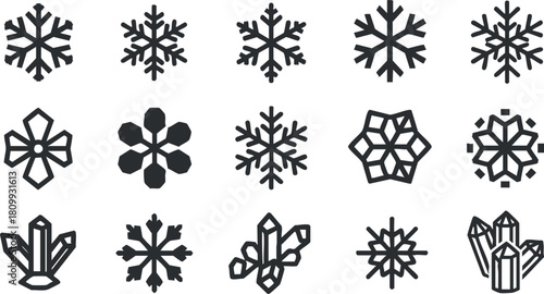 Stylized collection of black and white snowflake vector illustrations in various geometric designs for winter-themed projects