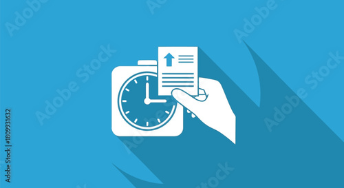 Clock and document icon representing time management on a blue background