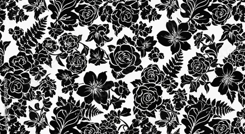 Elegant floral pattern featuring roses and other beautiful flowers in monochrome style.