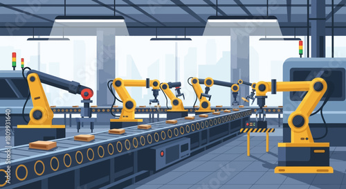 Automated factory with robotic arms on assembly line producing goods