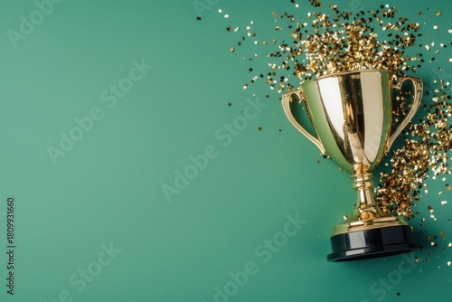 Winning gold trophy on vibrant blue background celebrating success with soft lighting and sparkling confetti