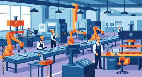 Automated Factory Floor with Workers and Robotic Arms