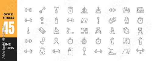 Gym, Fitness and Workout Line Icons Set. Collection of 45 Thin Outline Vector Symbols. Sport Equipment, Dumbbell, Kettlebell, Treadmill, Boxing, Yoga Mat, Exercise, and Healthy Lifestyle Graphics.