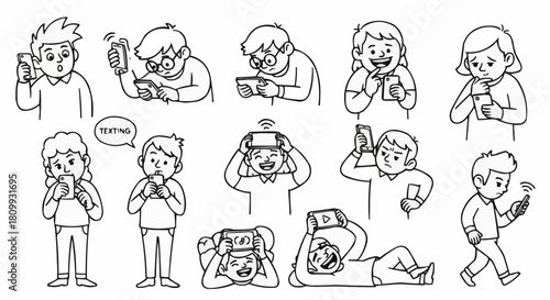 Diverse Group of Young People Engaged with Mobile Phones in Various Poses.