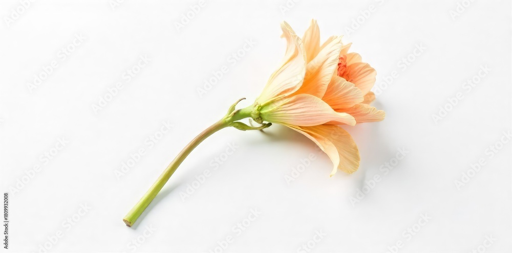 Fototapeta premium A single wilting flower, isolated on a stark white background, symbolizes loneliness and exhaustion The delicate petals droop, conveying a sense of weariness and isolation , nature, simplicity