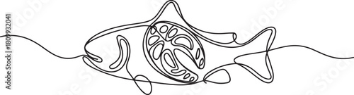 Continuous line design of fish and salmon slice. one line Icon drawing with white background