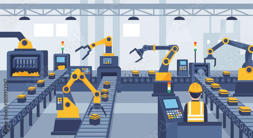 Automated Industrial Factory Robotic Arms and Conveyor Belts in Production