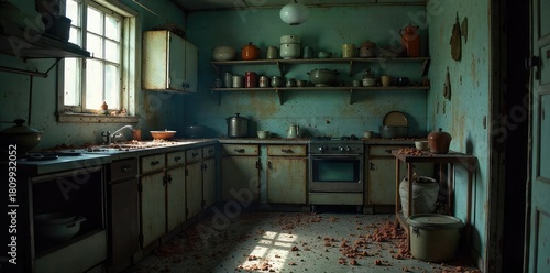 A sinister kitchen scene, with decaying food, rusty appliances, and unsettling shadows  A sense of neglect and malevolence pervades the space ,  neglect,  broken appliances