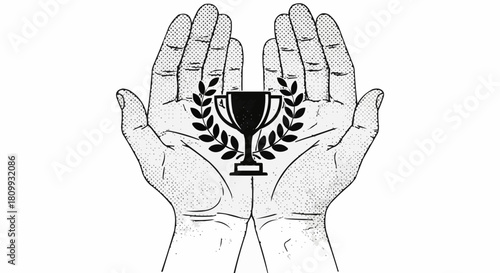 Open Hands Holding a Laurel Wreath and Trophy.