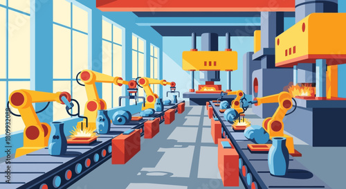 Advanced industrial automation concept with robotic arms working on a futuristic conveyor belt assembly line in a smart factory