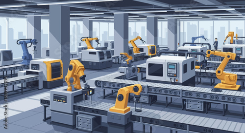 Modern Automated Factory Floor Illustration Featuring Robotic Arms and Conveyor Belts in a High-Tech Manufacturing Facility with Smart Production Systems