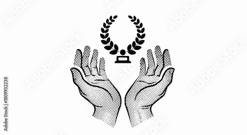 Hands Presenting a Laurel Wreath and Trophy Symbol.
