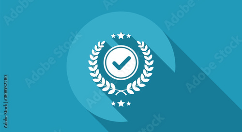 Illustration of a laurel wreath with a check mark on a blue background