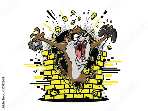 A frenzied cartoon animal bursts through a yellow brick wall while holding video game controllers.