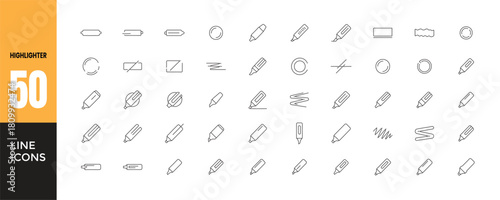 Highlighter, Marker, and Pen Line Icons Set. Collection of 50 Thin Outline Vector Symbols. Drawing, Underline, Correction, Edit, Sketch, Writing Tool, and Office Stationery Graphics. Minimalist Design