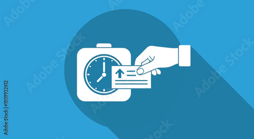 Illustration of clock and hand holding card on blue background