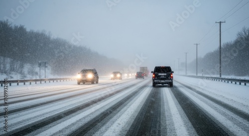 Cars driving on snow-covered highway during a heavy snowfall