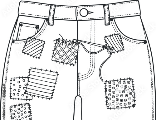Monochrome vector illustration of denim jeans featuring various patched areas for a trendy, sustainable fashion design