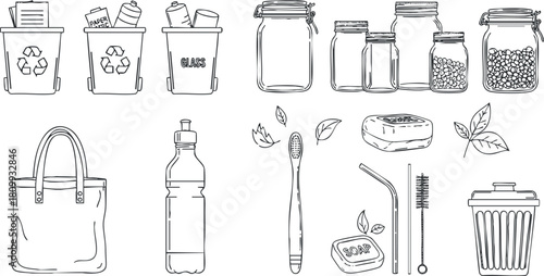 Line art vector illustration of eco-friendly items such as recycling bins, jars, and personal care products for sustainable living