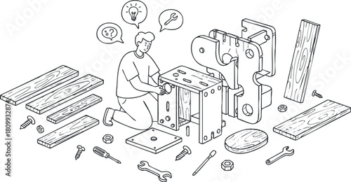 Line art vector illustration of a craftsman assembling a wooden project with tools and materials for DIY enthusiasts