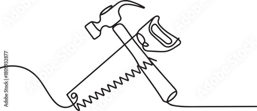 Continuous line design of hammer and saw. Single line decorative element draw. one line Icon drawing with white background