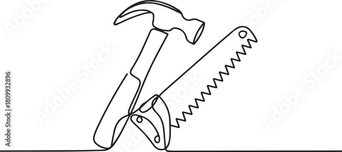 Continuous line design of hammer and saw. Single line decorative element draw. one line Icon drawing with white background