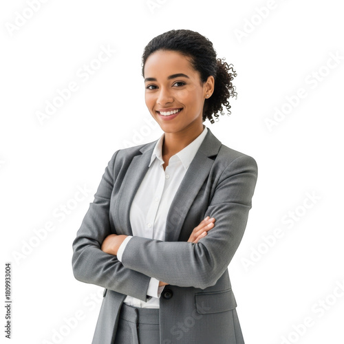 Confident young woman in a sharp grey suit and white shirt with arms crossed smiling warmly isolated on transparent background