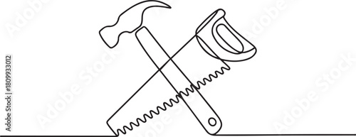 Continuous line design of hammer and saw. Single line decorative element draw. one line Icon drawing with white background
