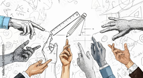 Hands Collaborating on a Design with Ruler and Pencil.