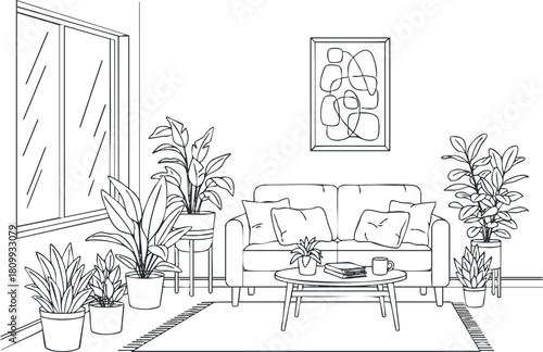 Outline vector illustration of a cozy living room with plants, sofa, and modern artwork for interior design projects